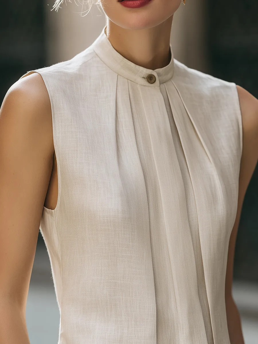 Pleated Front Sleeveless Stand Collar Blouse With Clean Tailored Silhouette sold by Mooyius product image thumbnail 3