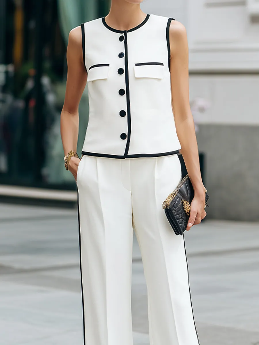 Contrast Trim Button-Front Sleeveless Top And Wide-Leg Pants Set sold by Mooyius product image thumbnail 3