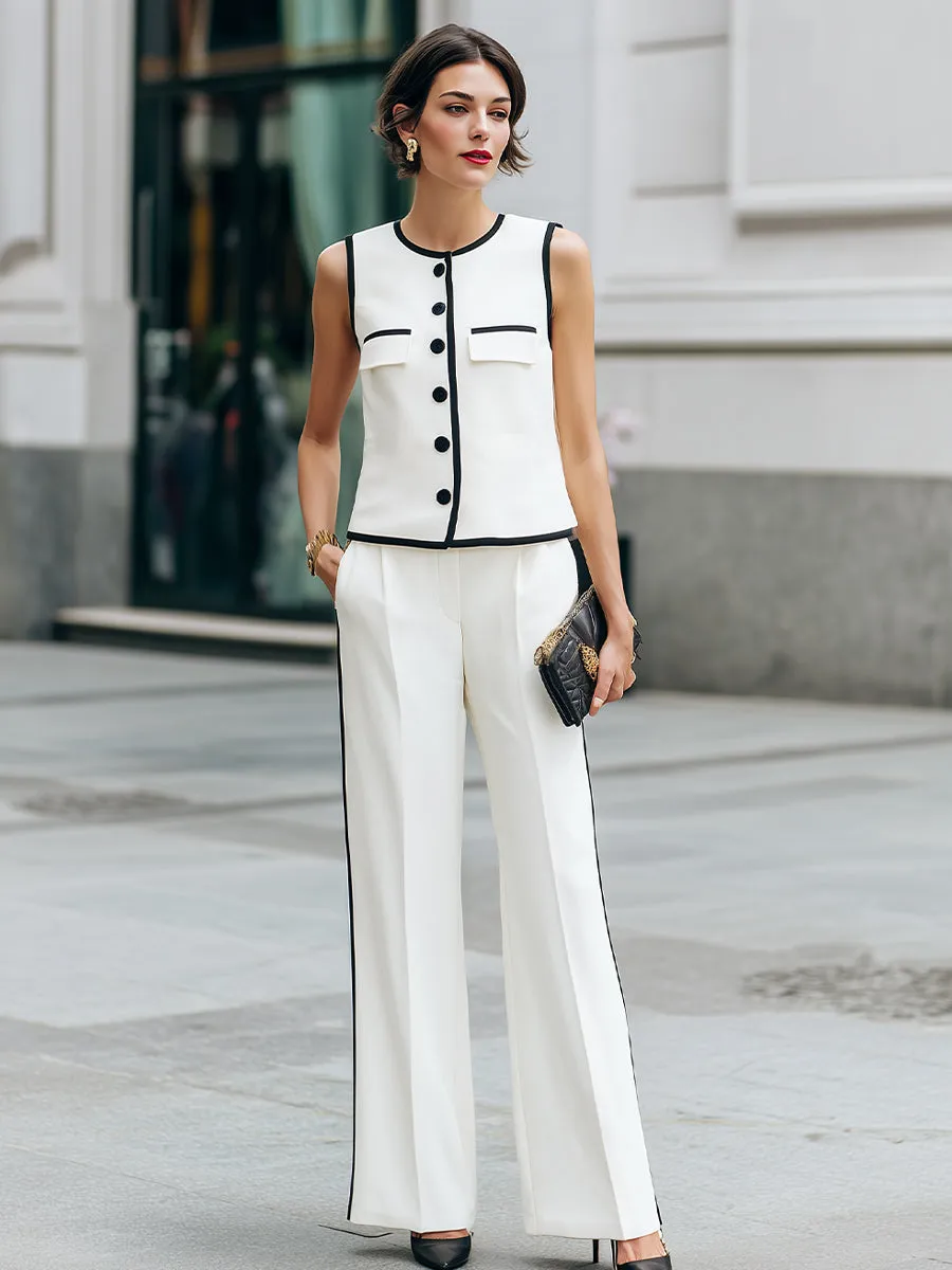 Contrast Trim Button-Front Sleeveless Top And Wide-Leg Pants Set sold by Mooyius product image thumbnail 2