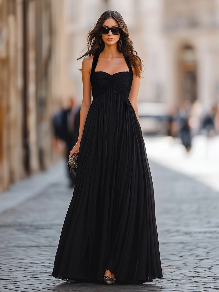 Ruched Bodice Halter Neck Maxi Dress With Flowing A-Line Silhouette sold by Mooyius product image thumbnail 2