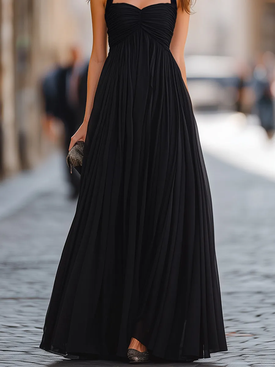 Ruched Bodice Halter Neck Maxi Dress With Flowing A-Line Silhouette sold by Mooyius product image thumbnail 4