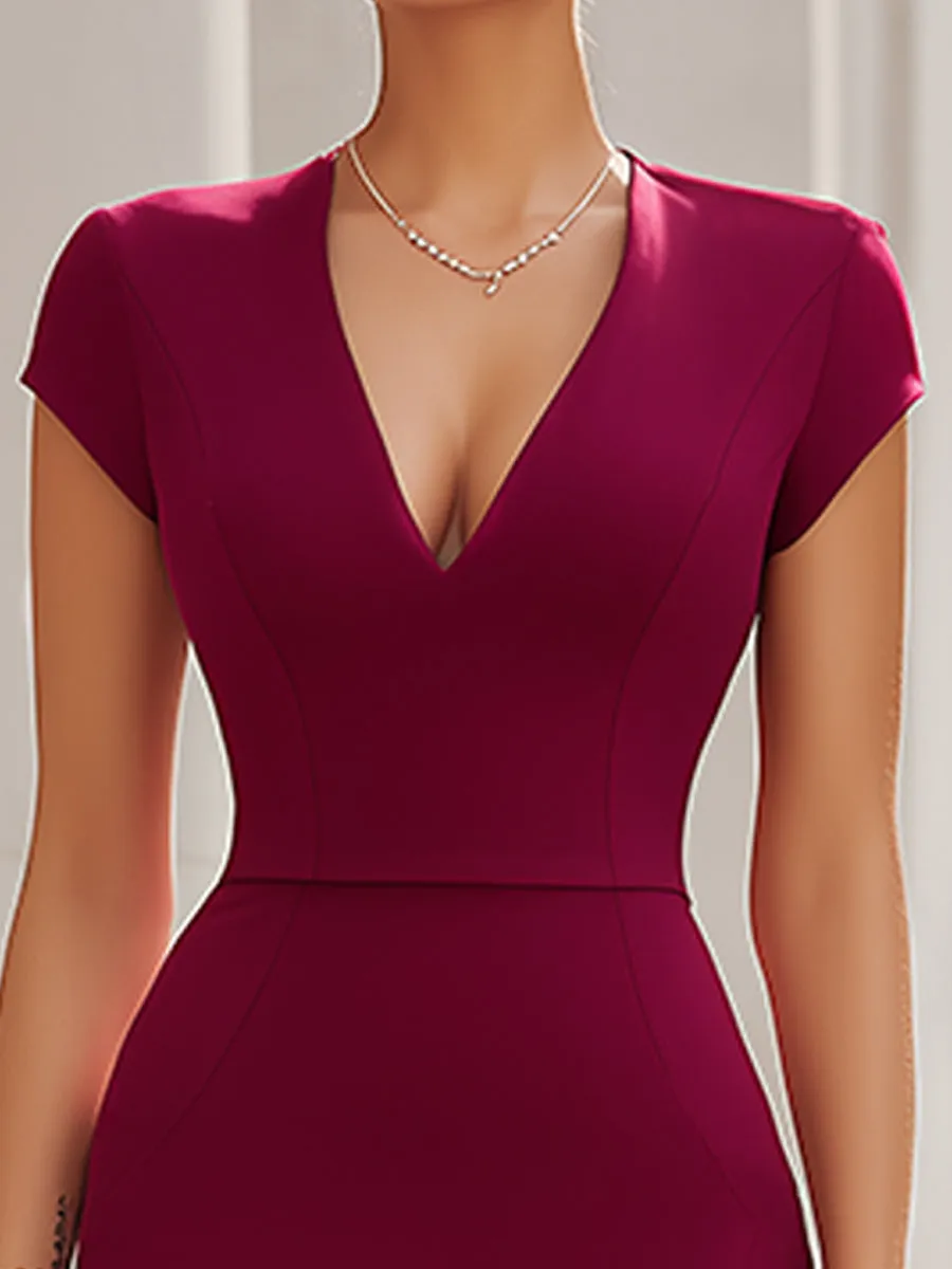 Deep V-Neck Short Sleeve Wrap Hem Bodycon Midi Dress sold by Mooyius product image thumbnail 2