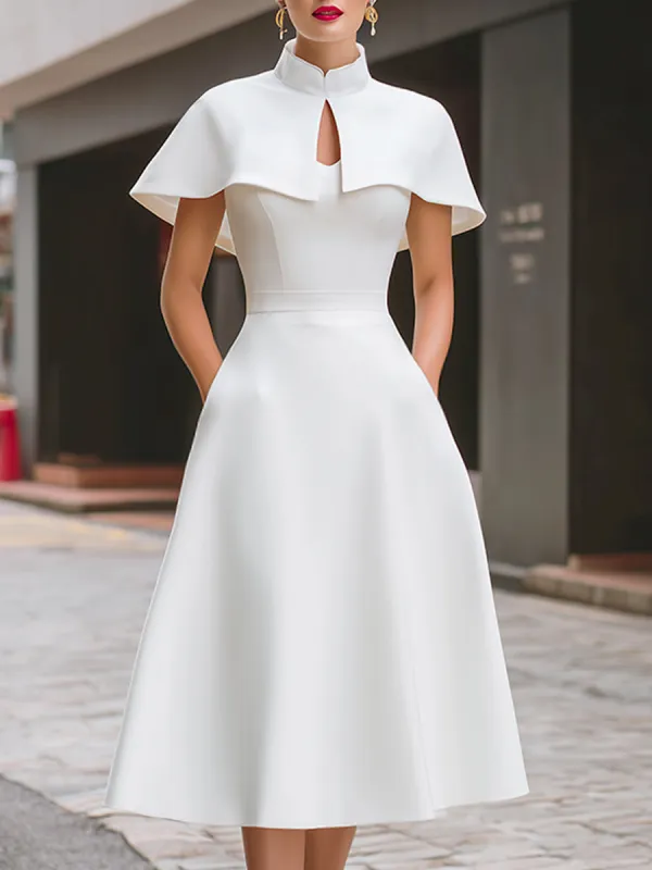 High Neck Cape Sleeve Keyhole A-Line Midi Dress made by Mooyius