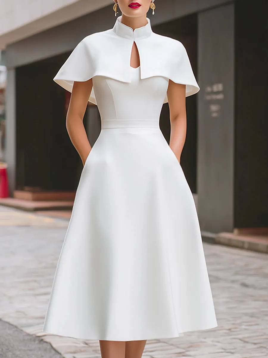 High Neck Cape Sleeve Keyhole A-Line Midi Dress sold by Mooyius