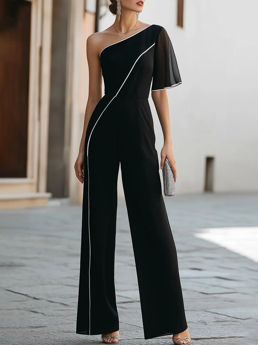 One-Shoulder Chiffon Sleeve Wide-Leg Jumpsuit sold by Mooyius