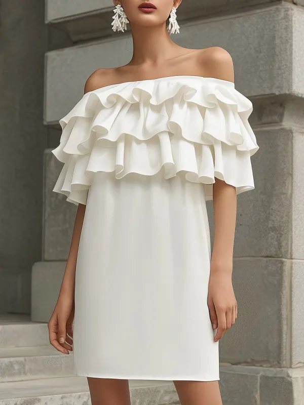 Off-Shoulder Layered Ruffle Mini Dress made by Mooyius