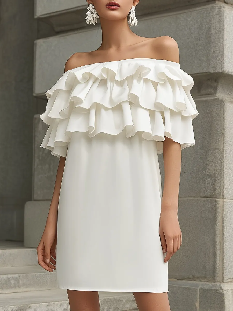 Off-Shoulder Layered Ruffle Mini Dress sold by Mooyius
