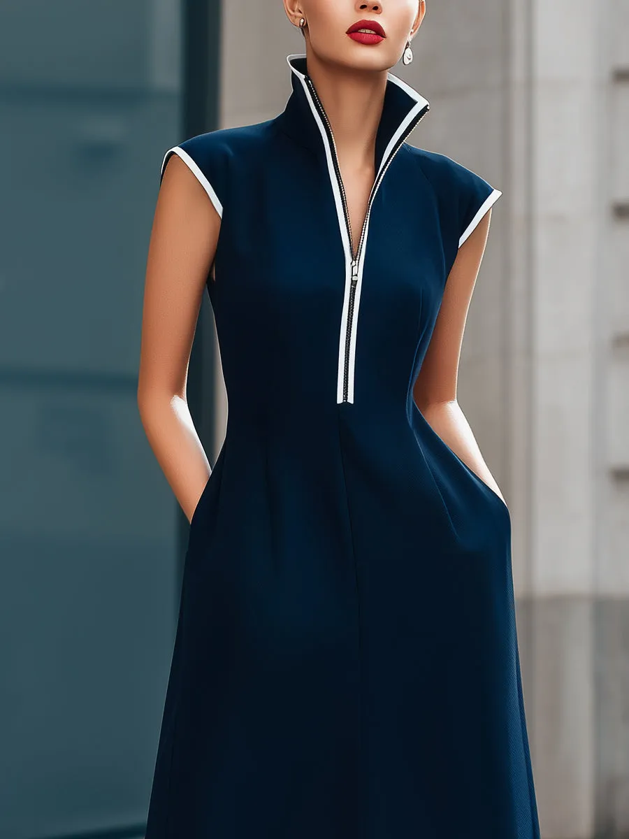 Zip-Front Stand Collar Sleeveless A-Line Maxi Dress sold by Mooyius product image thumbnail 2