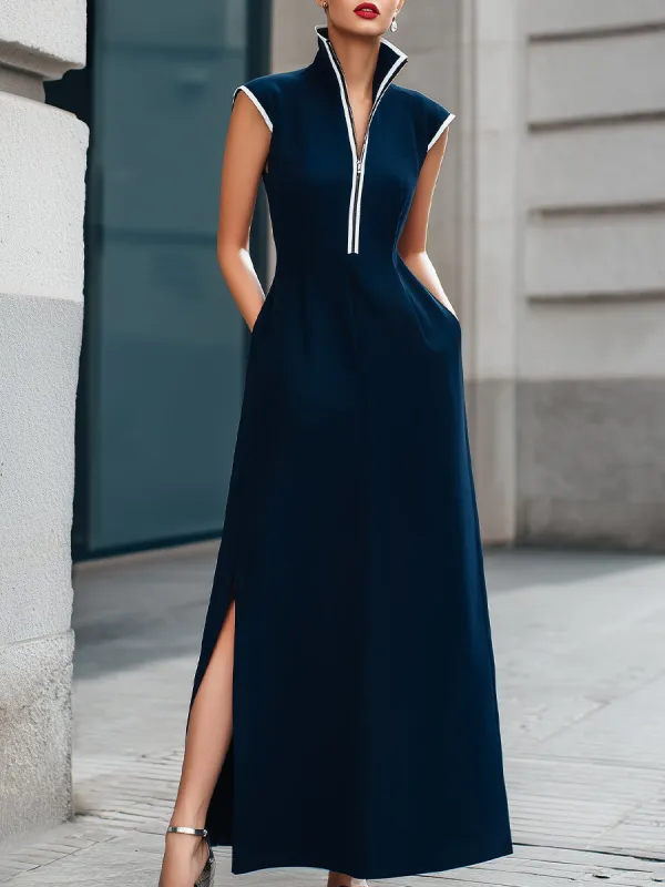 Zip-Front Stand Collar Sleeveless A-Line Maxi Dress made by Mooyius