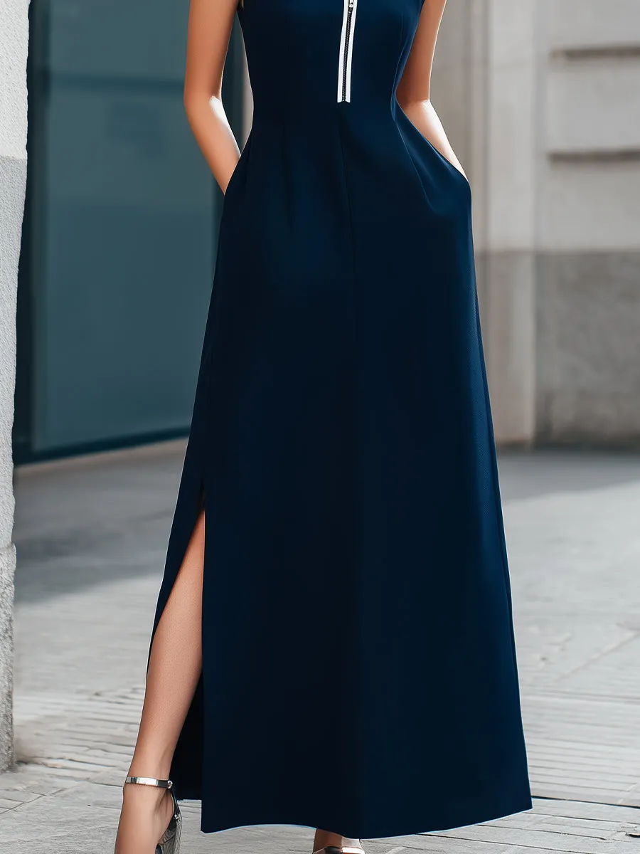 Zip-Front Stand Collar Sleeveless A-Line Maxi Dress sold by Mooyius product image thumbnail 3