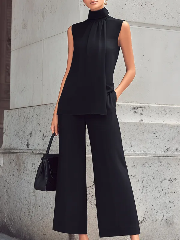 High Neck Pleated Front Sleeveless Top And Wide-Leg Pants Set made by Mooyius