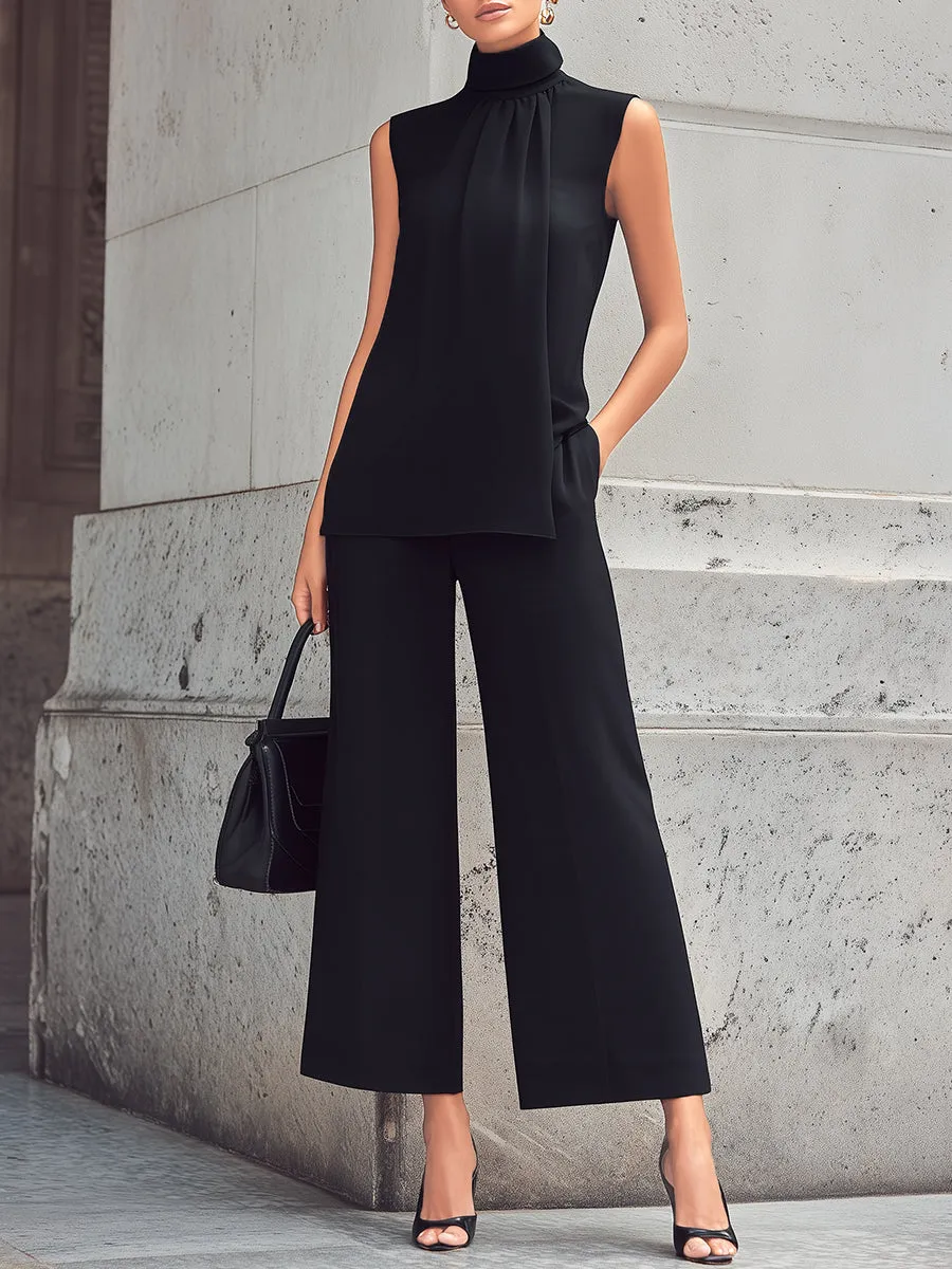 High Neck Pleated Front Sleeveless Top And Wide-Leg Pants Set sold by Mooyius product image thumbnail 2