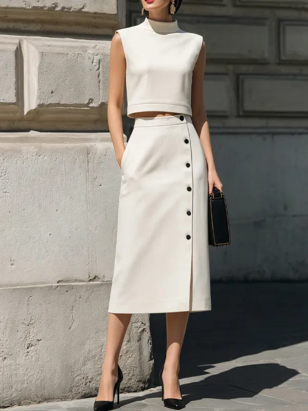 High-Neck Sleeveless Crop Top & Button-Front Midi Skirt Two-Piece Set made by Something Navy