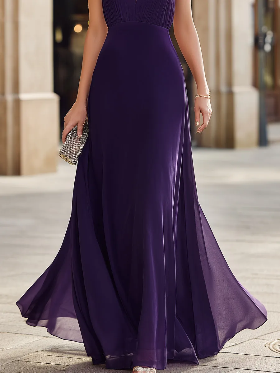 Pleated Halter Neck Maxi Dress With Sheer Panel And Flowing Silhouette sold by Mooyius product image thumbnail 4