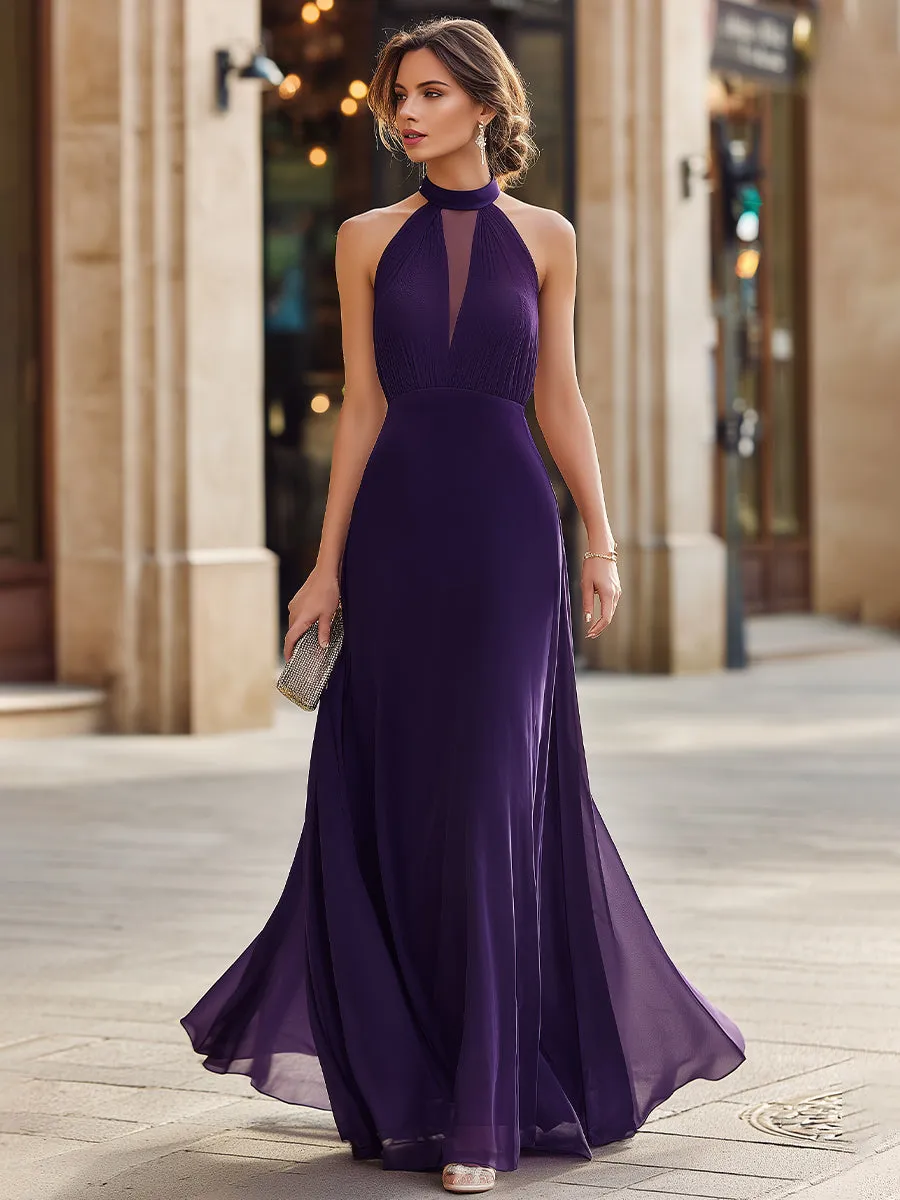 Pleated Halter Neck Maxi Dress With Sheer Panel And Flowing Silhouette sold by Mooyius product image thumbnail 2
