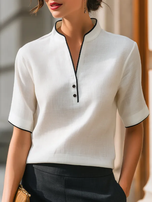 Contrast Trim Notch Collar Short Sleeve Blouse With Minimal Button Placket made by Mooyius
