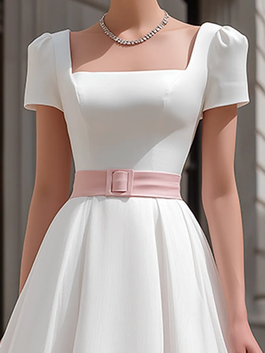 Square Neck Puff Sleeve A-Line Midi Dress With Waist Belt sold by Mooyius product image thumbnail 2