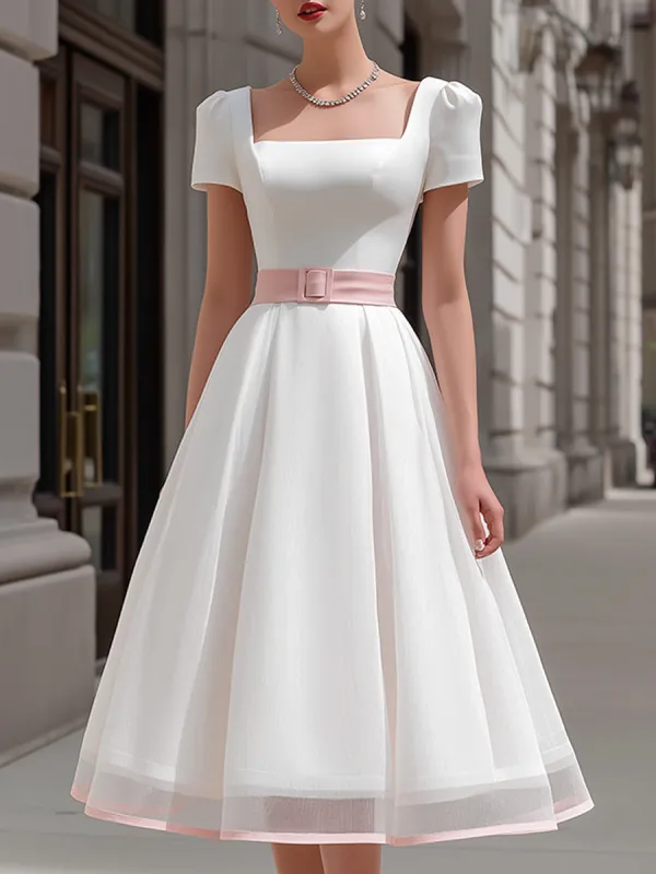 Square Neck Puff Sleeve A-Line Midi Dress With Waist Belt made by Mooyius