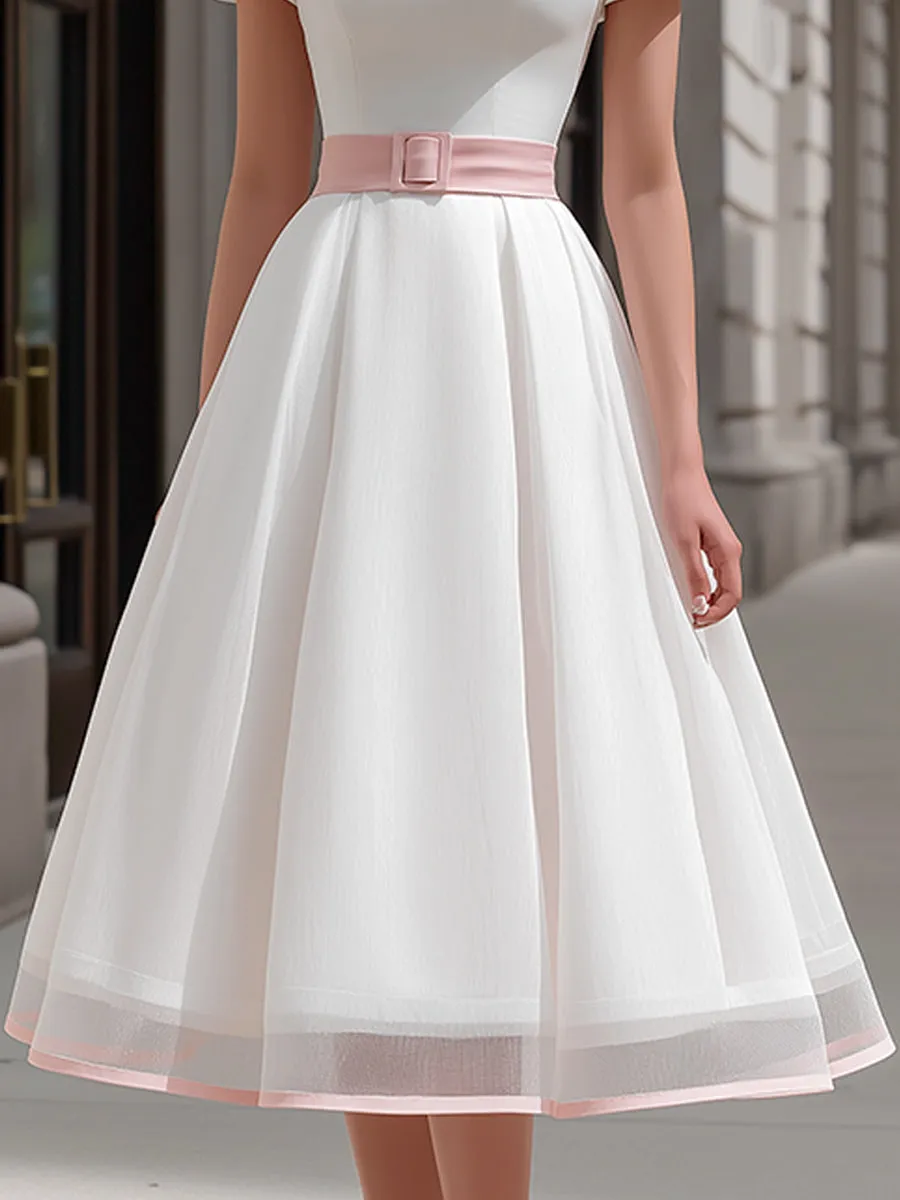 Square Neck Puff Sleeve A-Line Midi Dress With Waist Belt sold by Mooyius product image thumbnail 3