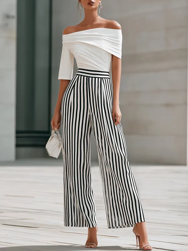 Off-Shoulder Draped Top And Striped Wide-Leg Pants Set made by Mooyius