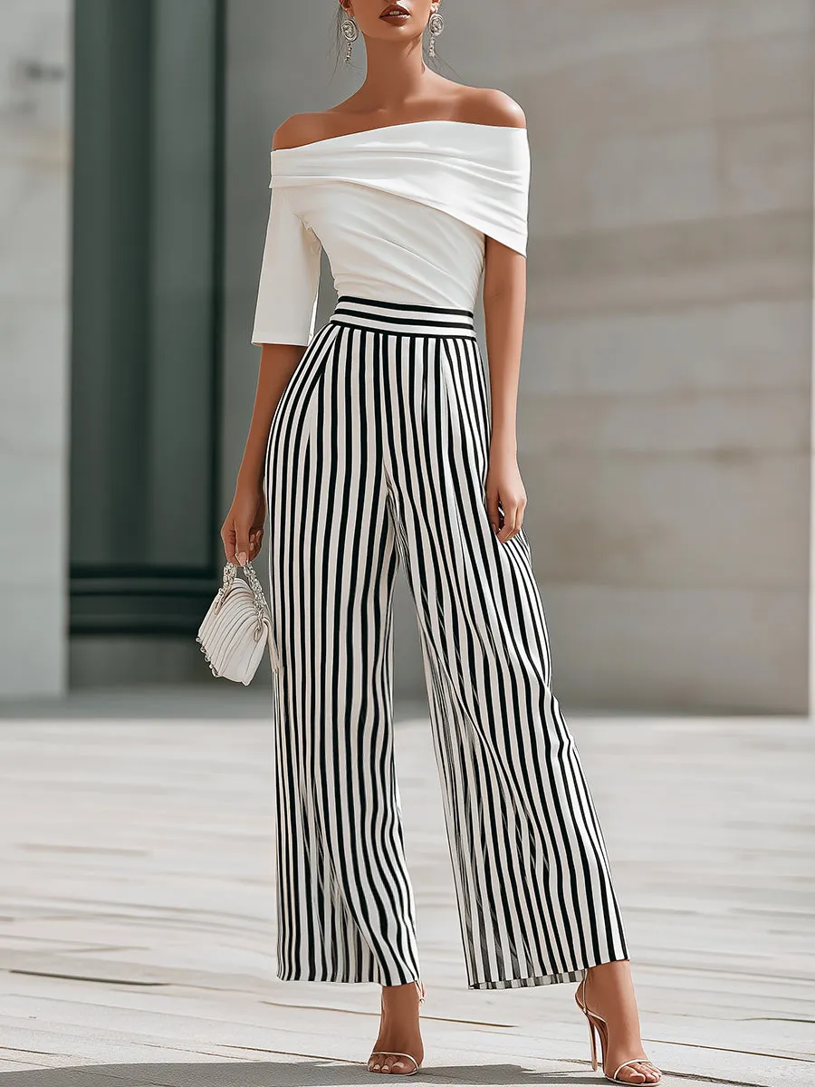 Off-Shoulder Draped Top And Striped Wide-Leg Pants Set sold by Mooyius