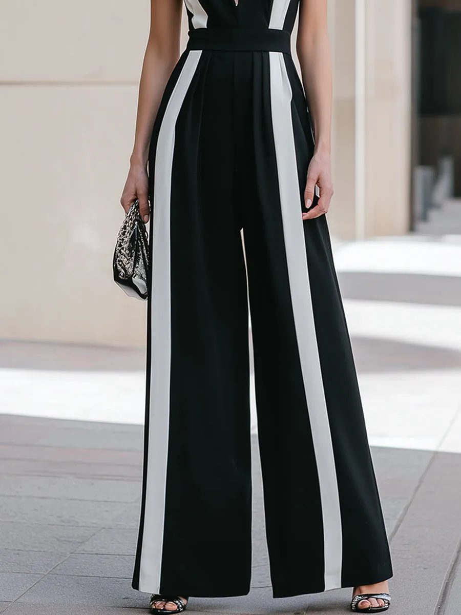 Deep V Contrast Panel Sleeveless Wide-Leg Jumpsuit sold by Mooyius product image thumbnail 3