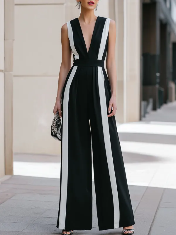 Deep V Contrast Panel Sleeveless Wide-Leg Jumpsuit made by Mooyius