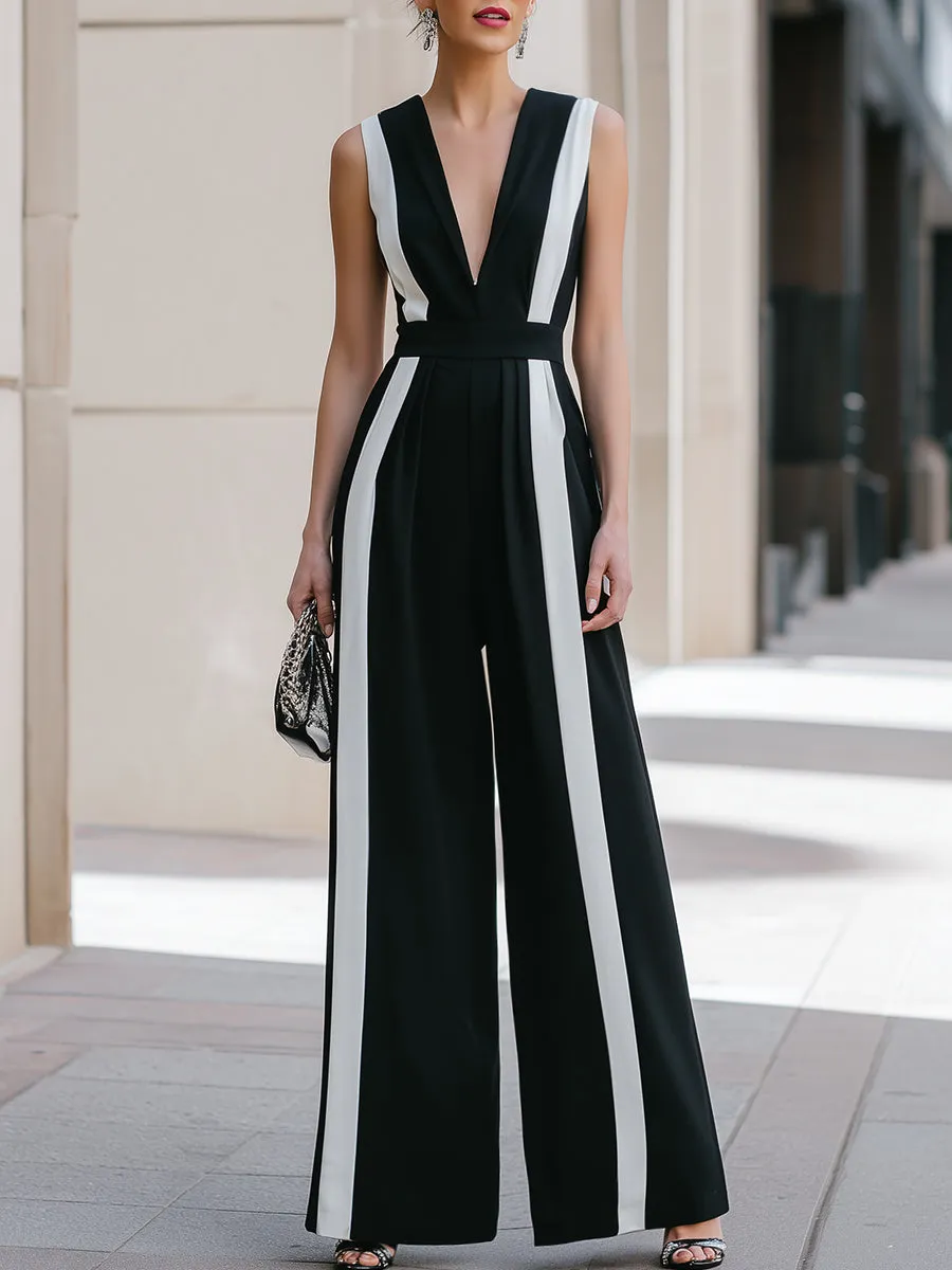 Deep V Contrast Panel Sleeveless Wide-Leg Jumpsuit sold by Mooyius
