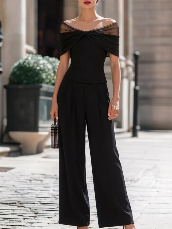 Off-the-Shoulder Mesh-Top & High-Waisted Wide-Leg Pants Two-Piece Set made by Something Navy
