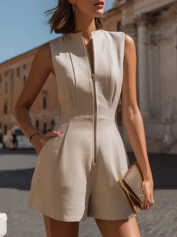 Structured Zip-Front Sleeveless Tailored Romper With Sculpted Waist made by Mooyius