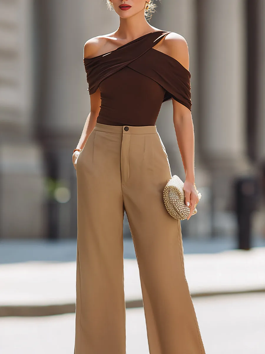 Asymmetric Draped Off-Shoulder Top With High-Waisted Wide-Leg Pants Set sold by Mooyius product image thumbnail 3