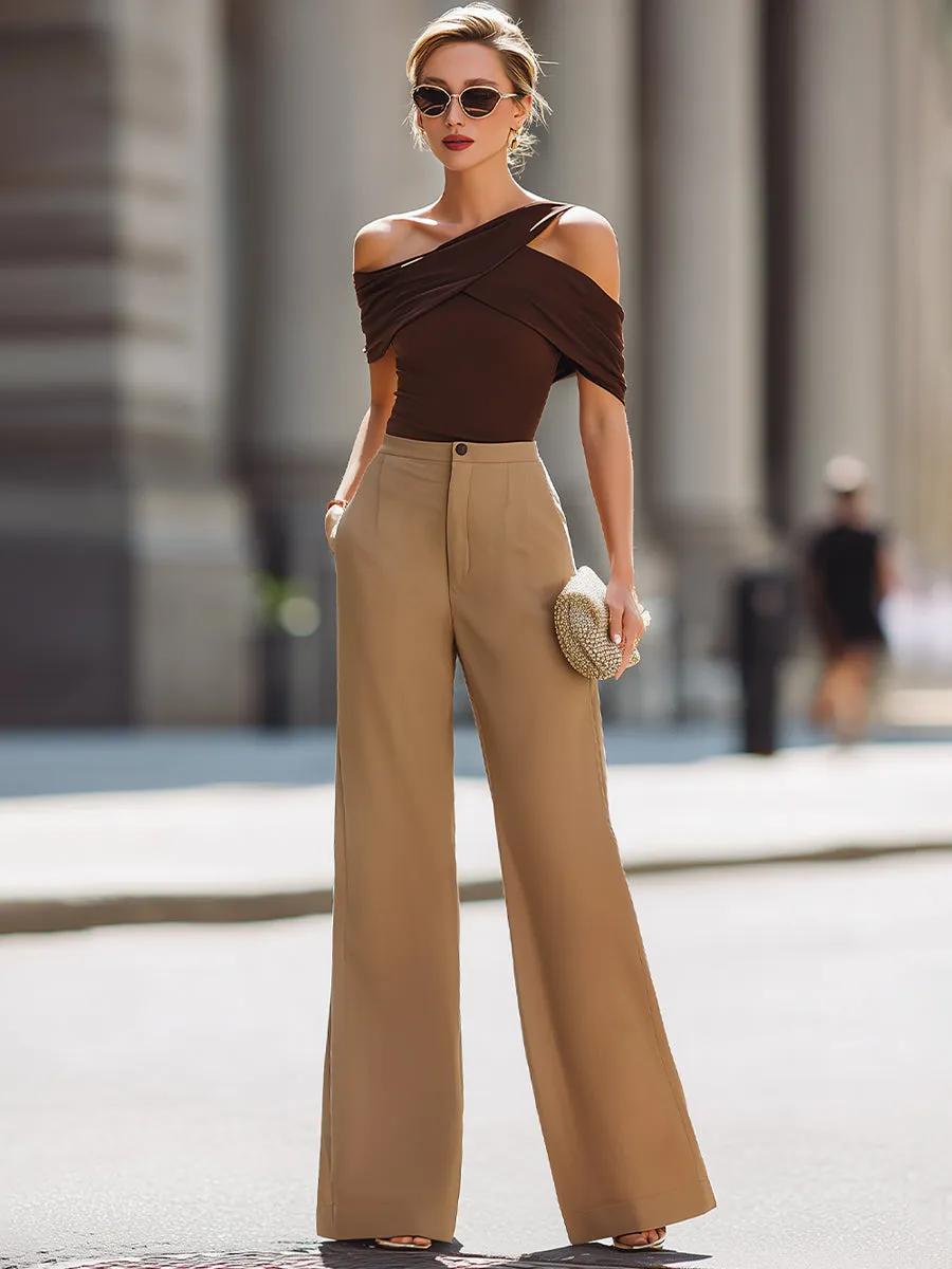 Asymmetric Draped Off-Shoulder Top With High-Waisted Wide-Leg Pants Set sold by Mooyius product image thumbnail 2