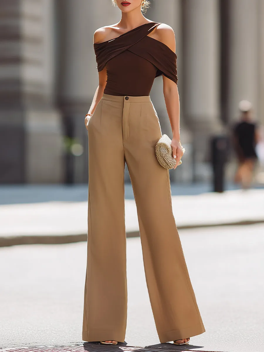 Asymmetric Draped Off-Shoulder Top With High-Waisted Wide-Leg Pants Set sold by Mooyius