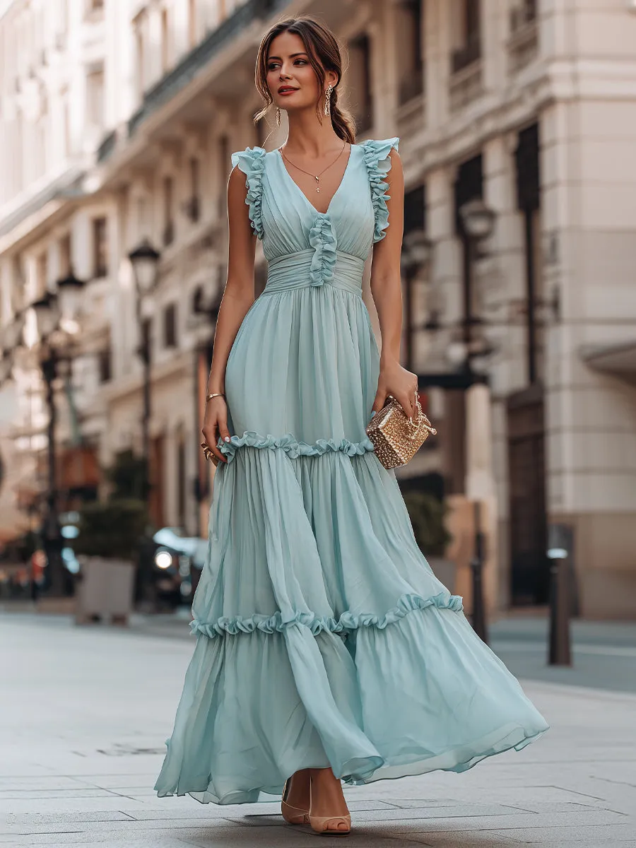 Ruffled V-Neck Sleeveless Tiered Maxi Dress With Flowing Silhouette sold by Mooyius product image thumbnail 2