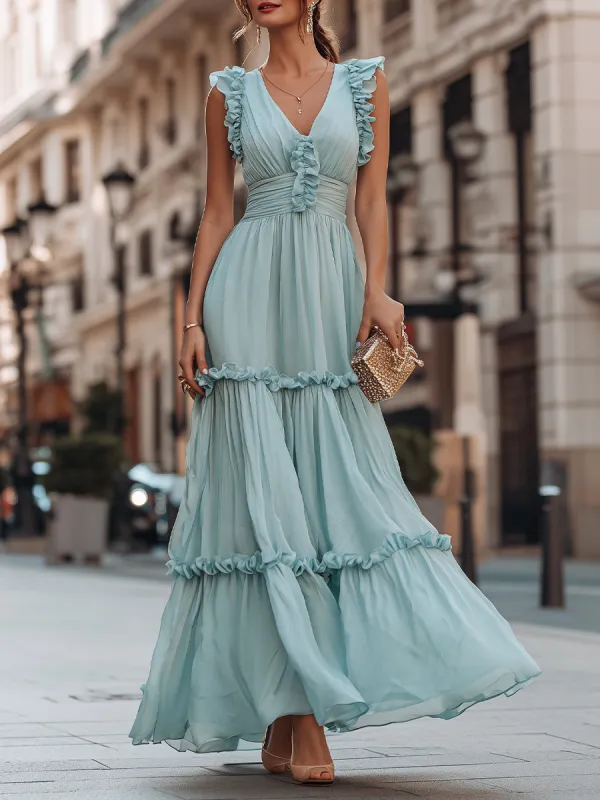 Ruffled V-Neck Sleeveless Tiered Maxi Dress With Flowing Silhouette made by Mooyius