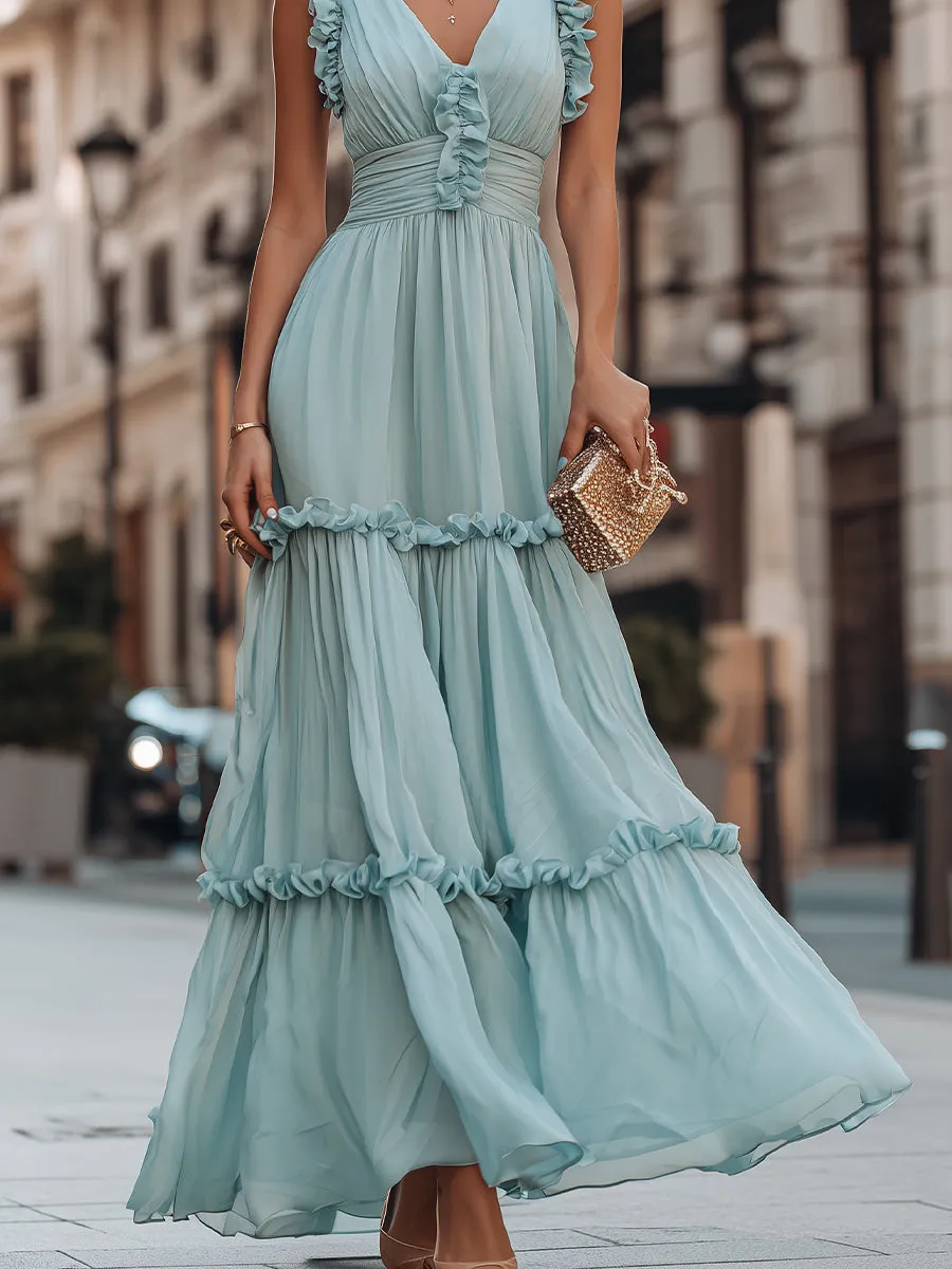Ruffled V-Neck Sleeveless Tiered Maxi Dress With Flowing Silhouette sold by Mooyius product image thumbnail 4