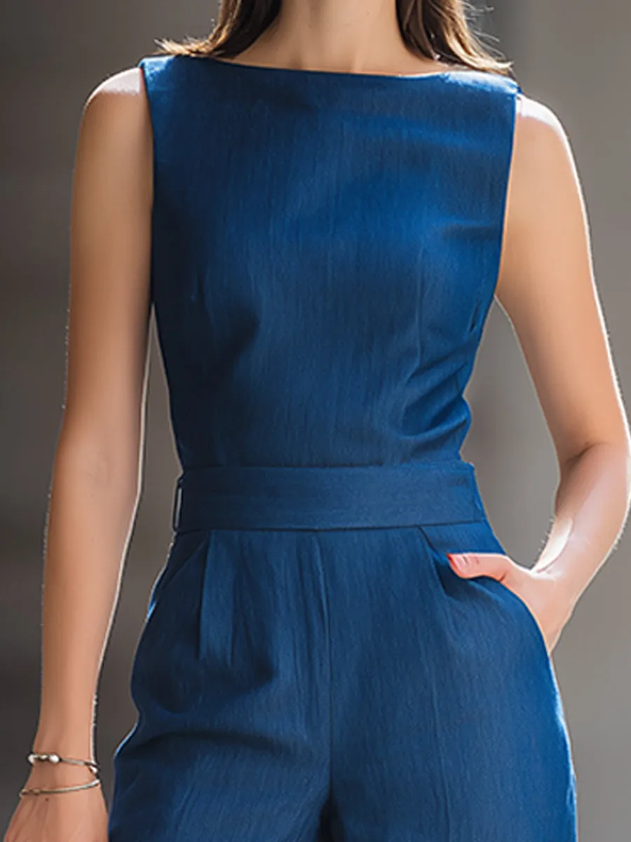 Sleeveless Boat-Neck Tailored Wide-Leg Jumpsuit sold by Mooyius product image thumbnail 2