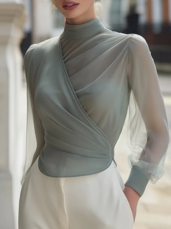 Sheer High-Neck Draped Blouse With Soft Pleated made by Mooyius