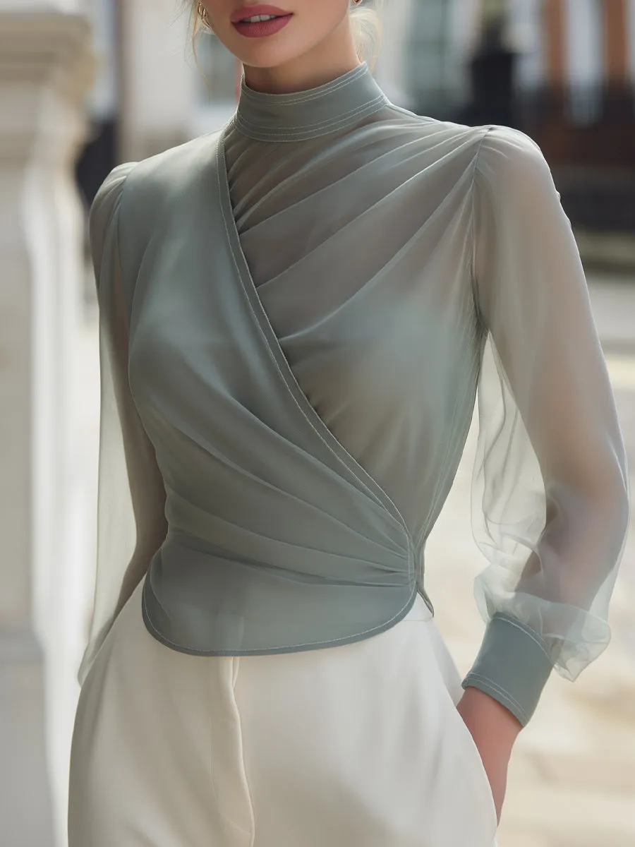 Sheer High-Neck Draped Blouse With Soft Pleated sold by Mooyius