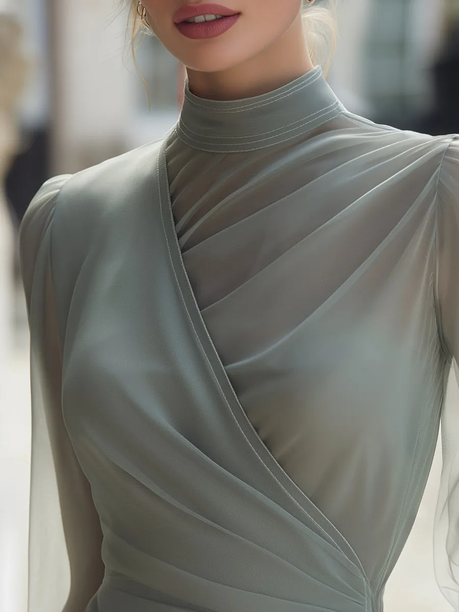 Sheer High-Neck Draped Blouse With Soft Pleated sold by Mooyius product image thumbnail 2