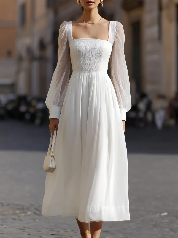 Square Neck Smocked Bodice Sheer Sleeve Midi Dress made by Mooyius