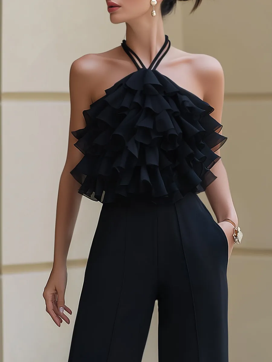 Layered Ruffle Halter Neck Wide-Leg Jumpsuit sold by Mooyius product image thumbnail 2