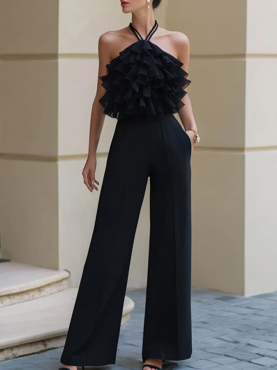Layered Ruffle Halter Neck Wide-Leg Jumpsuit sold by Mooyius