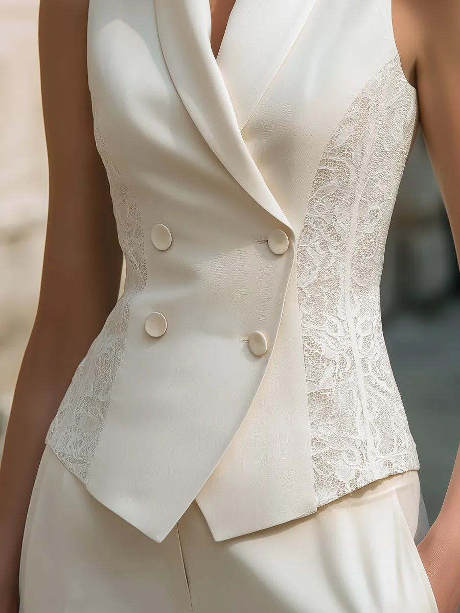 Sleeveless Double-Breasted Lace Panel Tailored Vest sold by Mooyius product image thumbnail 3