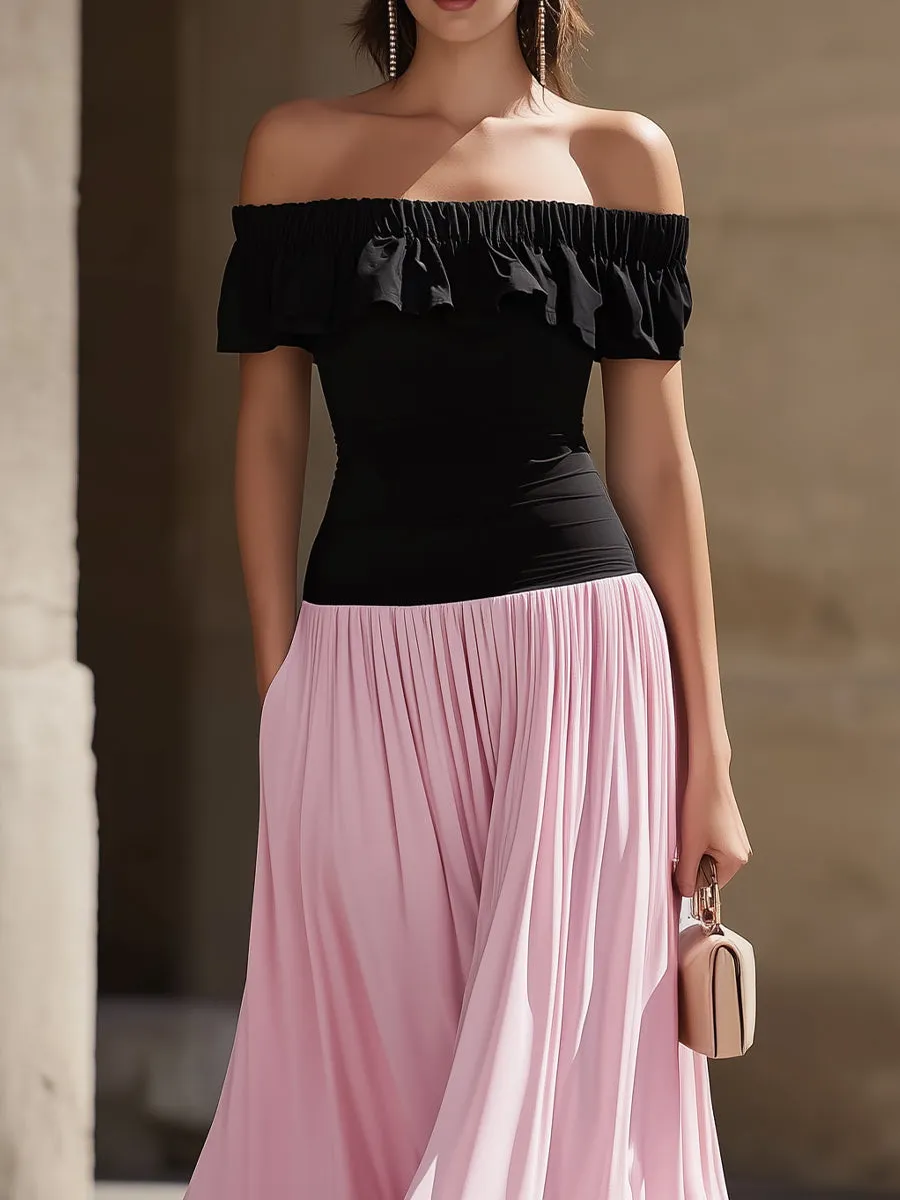 Black Off-the-Shoulder Ruffled Bodice & Pink Flowy Skirt Two-Tone Maxi Dress sold by Mooyius product image thumbnail 4