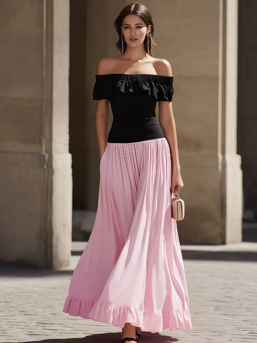 Black Off-the-Shoulder Ruffled Bodice & Pink Flowy Skirt Two-Tone Maxi Dress sold by Mooyius product image thumbnail 3