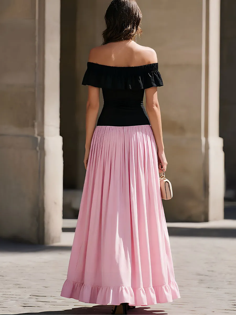 Black Off-the-Shoulder Ruffled Bodice & Pink Flowy Skirt Two-Tone Maxi Dress sold by Mooyius product image thumbnail 2