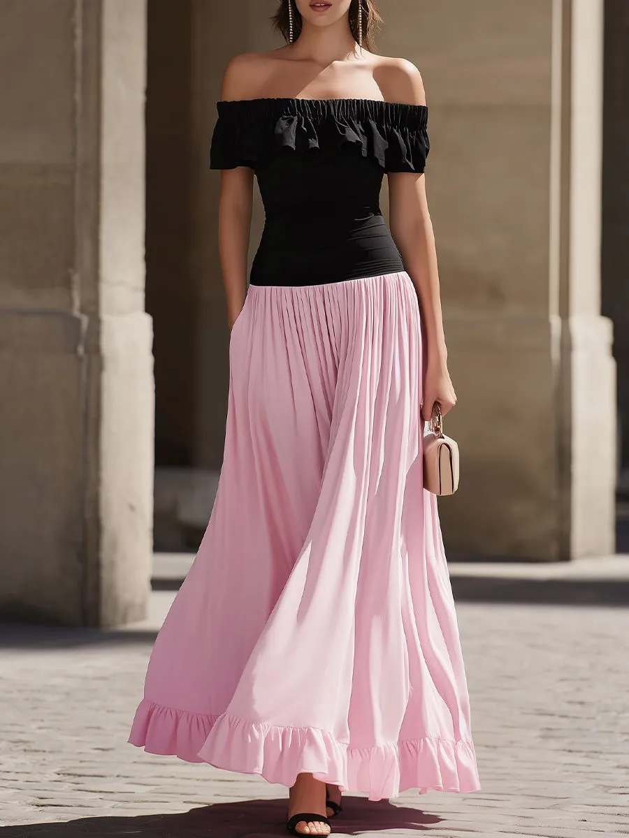 Black Off-the-Shoulder Ruffled Bodice & Pink Flowy Skirt Two-Tone Maxi Dress sold by Mooyius