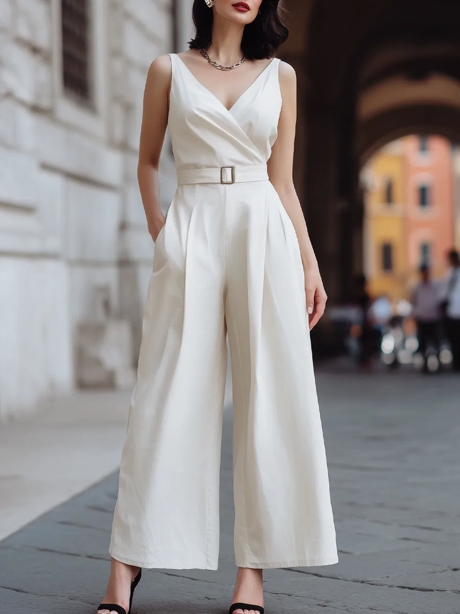 Sleeveless Wrap-Neck Wide-Leg Jumpsuit sold by Mooyius