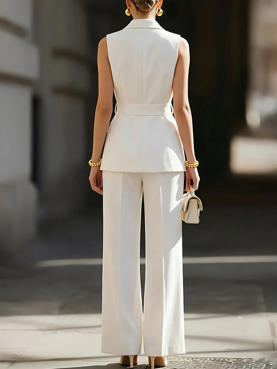 Double-Breasted Sleeveless Blazer Vest & Wide-Leg Trousers Two-Piece Set sold by Mooyius product image thumbnail 2